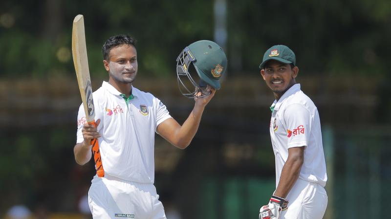 Shakib Al Hasan made 116 and received strong support from Mosaddek (75) and skipper Mushfiqur Rahim, who scored 52 as Bangladesh put in one of their most impressive batting performances in their 100th Test match. (Photo: AP) Shakib Al Hasan made 116 and received strong support from Mosaddek (75) and skipper Mushfiqur Rahim, who scored 52 as Bangladesh put in one of their most impressive batting performances in their 100th Test match. (Photo: AP)