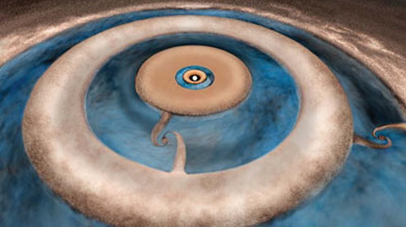 Artist impression of the protoplanetary disk surrounding the young star HD 163296. By studying the dust (ruddy brown) and carbon monoxide gas (light blue) profiles of the disk, astronomers discovered tantalizing evidence that two planets are forming in the outer two dust gaps in the disk. Artist impression of the protoplanetary disk surrounding the young star HD 163296. By studying the dust (ruddy brown) and carbon monoxide gas (light blue) profiles of the disk, astronomers discovered tantalizing evidence that two planets are forming in the outer two dust gaps in the disk.