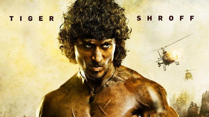 Tiger Shroff on 'Rambo' poster. Tiger Shroff on 'Rambo' poster.