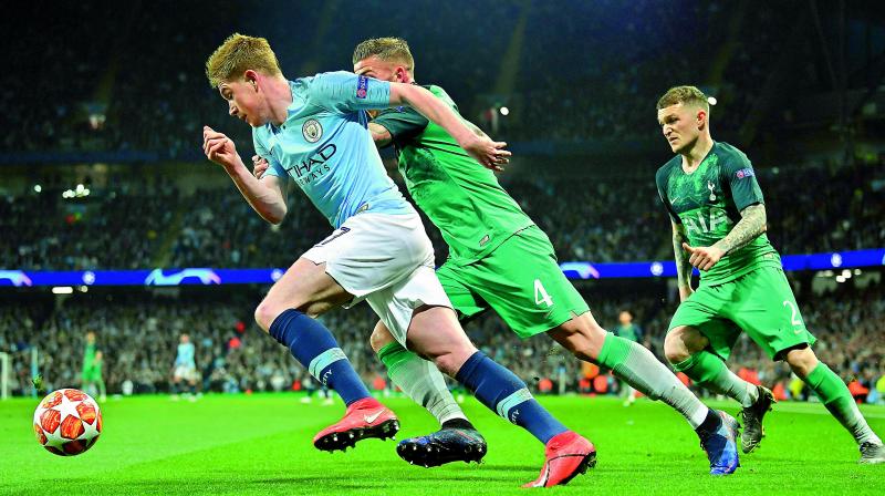 Manchester City’s Belgian midfielder Kevin De Bruyne (left) vies with Tottenham Hotspur’s Belgian defender Toby Alderweireld during their Champions League quarterfinal second leg in Manchester on Wednesday. (Photo: AFP) Manchester City’s Belgian midfielder Kevin De Bruyne (left) vies with Tottenham Hotspur’s Belgian defender Toby Alderweireld during their Champions League quarterfinal second leg in Manchester on Wednesday. (Photo: AFP)