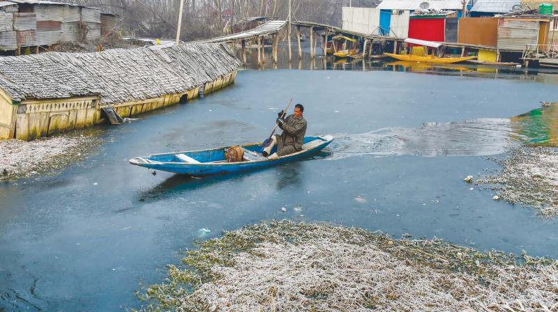 A Srinagar resident rows his boat in a frozen Dal lake in Kashmir. A Srinagar resident rows his boat in a frozen Dal lake in Kashmir.