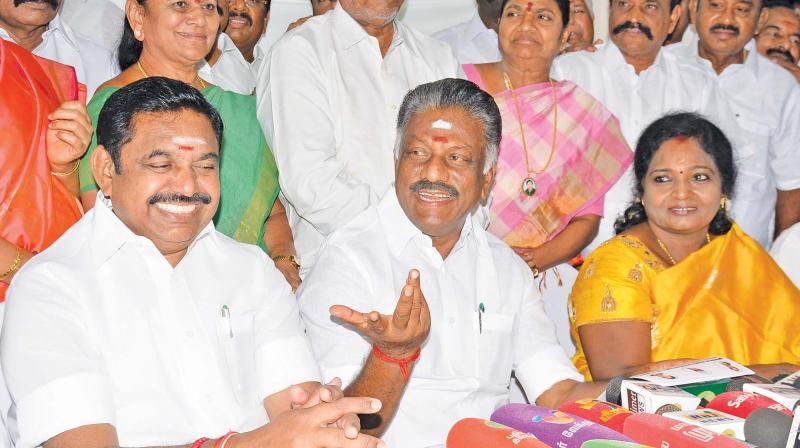Chief Minister Edappadi K. Palaniswami and his deputy O. Panneerselvam release a list of constituencies allotted to the allies in Chennai on Sunday. Also seen is BJP state president Tamilisai Soundararajan. (DC) Chief Minister Edappadi K. Palaniswami and his deputy O. Panneerselvam release a list of constituencies allotted to the allies in Chennai on Sunday. Also seen is BJP state president Tamilisai Soundararajan. (DC)