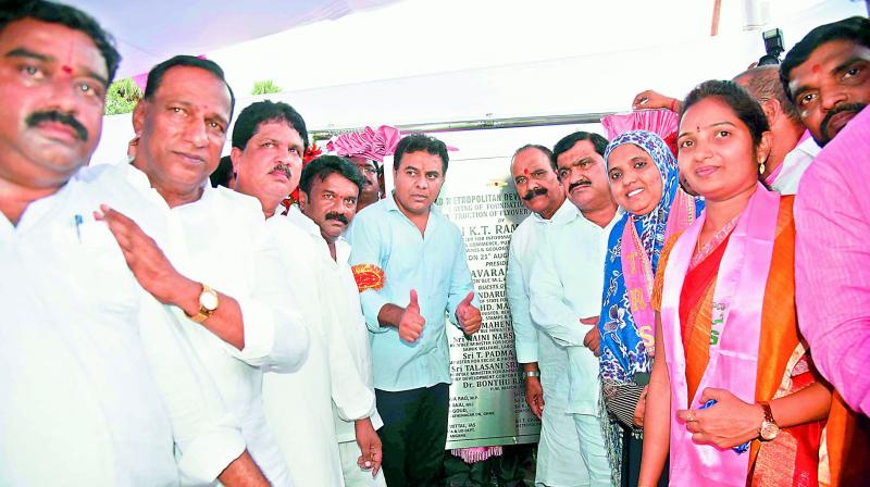 Minister K.T.Rama Rao Lay the foundation stone at Narsapur X road for the proposed flyover at Balanagar being taken up by HMDA. (Photo: DC) Minister K.T.Rama Rao Lay the foundation stone at Narsapur X road for the proposed flyover at Balanagar being taken up by HMDA. (Photo: DC)