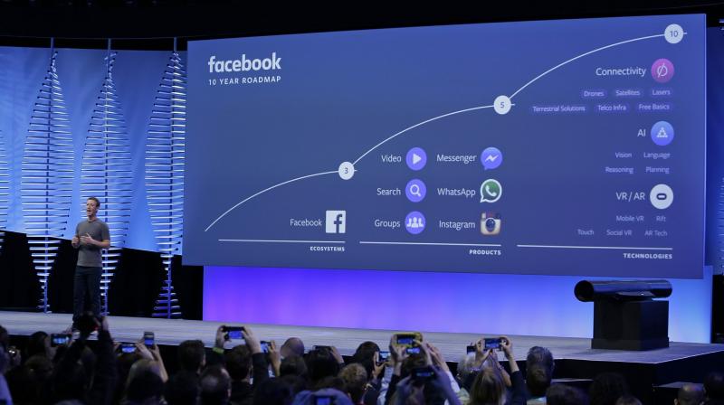 In this April 12, 2016, file photo, Facebook CEO Mark Zuckerberg talks about the company's 10-year roadmap during the keynote address at the F8 Facebook Developer Conference in San Francisco. Instagram along with Messenger and WhatsApp are serving as the social media giant’s insurance policy for a future that might not be dominated by its flagship service. (AP Photo/Eric Risberg, File) In this April 12, 2016, file photo, Facebook CEO Mark Zuckerberg talks about the company's 10-year roadmap during the keynote address at the F8 Facebook Developer Conference in San Francisco. Instagram along with Messenger and WhatsApp are serving as the social media giant’s insurance policy for a future that might not be dominated by its flagship service. (AP Photo/Eric Risberg, File)