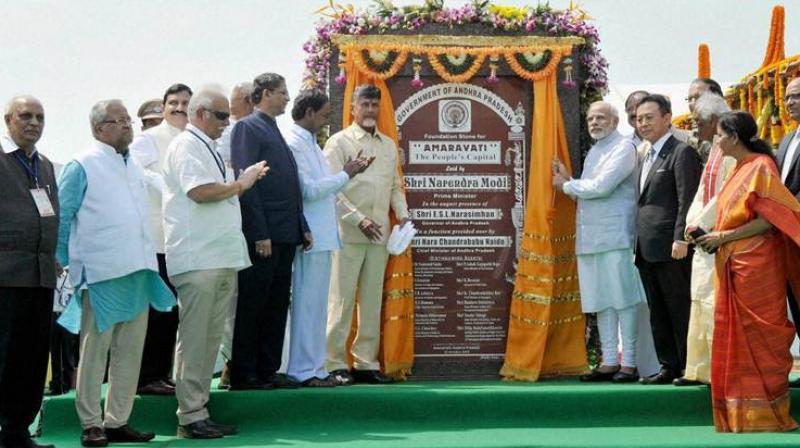 Prime Minister Narendra Modi and Andhra Pradesh Chief Minister Chandrababu Naidu lay the foundation stone of Amaravati. (Photo: PTI/File) Prime Minister Narendra Modi and Andhra Pradesh Chief Minister Chandrababu Naidu lay the foundation stone of Amaravati. (Photo: PTI/File)