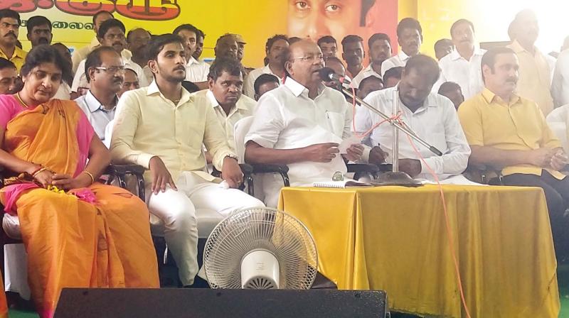 PMK founder-leader Dr S Ramadoss speaks at the function at Kaduvetti near Ariyalur on Tuesday. (Photo: DC) PMK founder-leader Dr S Ramadoss speaks at the function at Kaduvetti near Ariyalur on Tuesday. (Photo: DC)