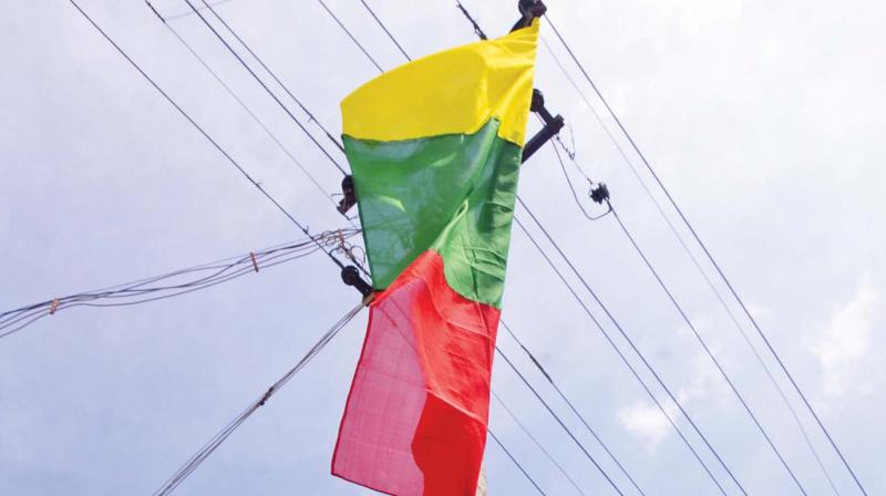 TVK flag with iron mast tied to an electric post posing threat to commuters in Tirunelveli. (Photo: M Aruloli) TVK flag with iron mast tied to an electric post posing threat to commuters in Tirunelveli. (Photo: M Aruloli)