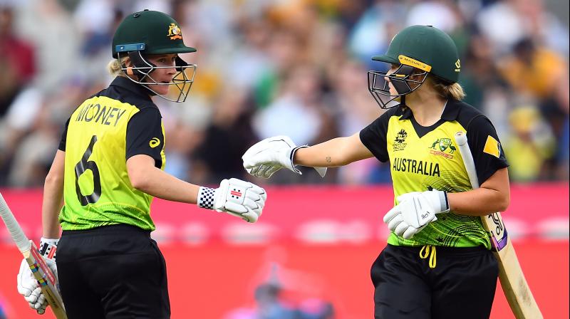 Australias Alyssa Healy and Beth Mooney bumb gloves during the Twenty20 womens World Cup cricket final match between Australia and India in Melbourne on March 8, 2020