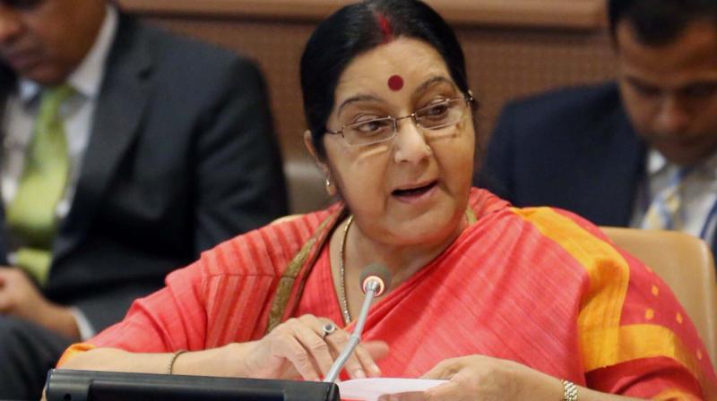 EAM Sushma Swaraj speaking at the Leadership Summit on Environment Pact, presided by France's President Emmanuel Macron. (Photo: MEA Twitter) EAM Sushma Swaraj speaking at the Leadership Summit on Environment Pact, presided by France's President Emmanuel Macron. (Photo: MEA Twitter)