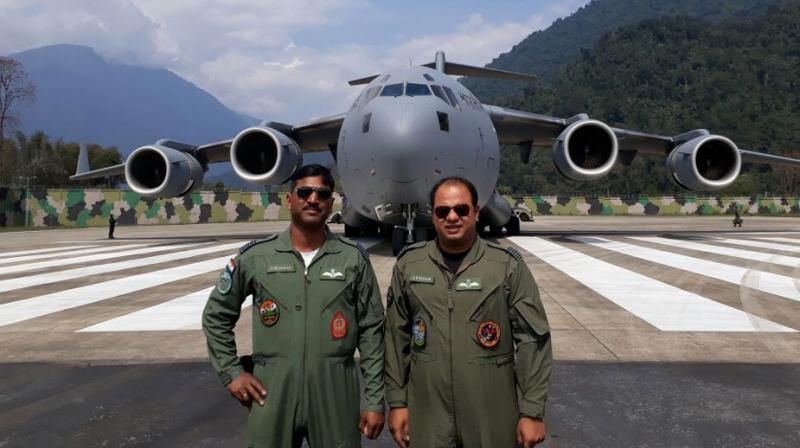 Indian Air Force's C-17 Globemaster aircraft landed on Arunachal Pradesh's Tuting airfield. (Photo: ANI) Indian Air Force's C-17 Globemaster aircraft landed on Arunachal Pradesh's Tuting airfield. (Photo: ANI)