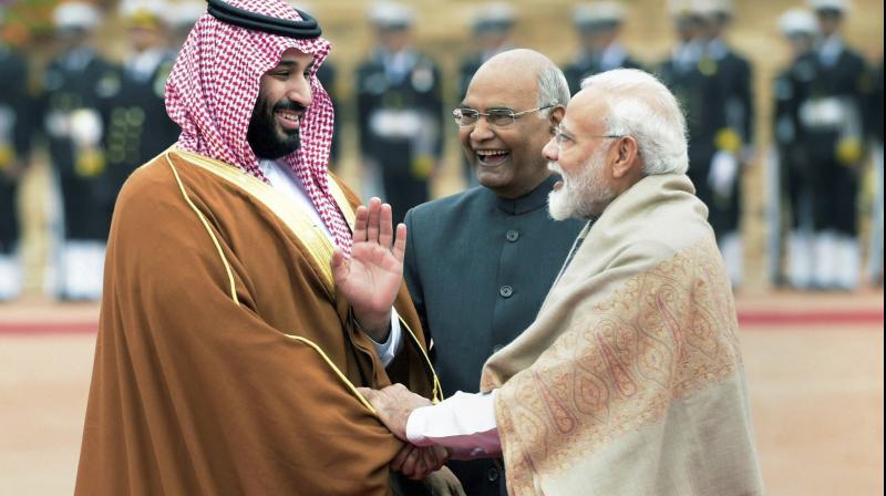 In a special gesture, Prime Minister Narendra Modi received him at airport. After he was given a ceremonial welcome at the Rashtrapati Bhavan, the powerful Saudi leader talked about historical linkages between the two countries and stressed on expanding ties further. (Photo: PTI) In a special gesture, Prime Minister Narendra Modi received him at airport. After he was given a ceremonial welcome at the Rashtrapati Bhavan, the powerful Saudi leader talked about historical linkages between the two countries and stressed on expanding ties further. (Photo: PTI)