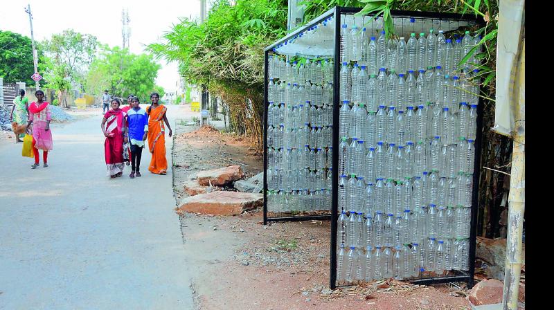 The bus shelter built by S. Jattaiah and T. Bhoomaiah using plastic drinking water bottles at Swaroopnagar colony, Uppal. The bus shelter built by S. Jattaiah and T. Bhoomaiah using plastic drinking water bottles at Swaroopnagar colony, Uppal.