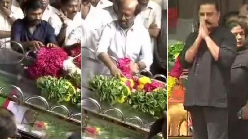 Dhanush, Rajinikanth and Kamal Haasan meet M Karunanidhi one final time. (Photos: ANI) Dhanush, Rajinikanth and Kamal Haasan meet M Karunanidhi one final time. (Photos: ANI)
