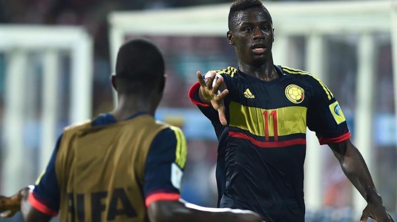 Juan Penaloza (R) of Colombia national football team celebrates after scoring against USA national football team in their FIFA U-17 World Cup match at the DY Patil stadium in Navi Mumbai on Thursday. (Photo: AFP) Juan Penaloza (R) of Colombia national football team celebrates after scoring against USA national football team in their FIFA U-17 World Cup match at the DY Patil stadium in Navi Mumbai on Thursday. (Photo: AFP)