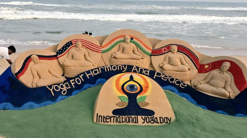 The artwork featured Modi, Donald Trump, Xi Jinping, Vladimir Putin and North Korean leader Kim Jong Un all in the lotus position. (Photo: Twitter/Sudarsan Pattnaik) The artwork featured Modi, Donald Trump, Xi Jinping, Vladimir Putin and North Korean leader Kim Jong Un all in the lotus position. (Photo: Twitter/Sudarsan Pattnaik)