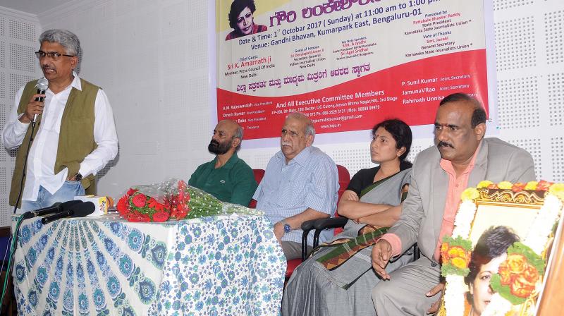 Karnataka State Journalists’ Union organised a talk in remembrance of late Gauri Lankesh at Gandhi Bhavan in Bengaluru on Sunday. (Photo: DC) Karnataka State Journalists’ Union organised a talk in remembrance of late Gauri Lankesh at Gandhi Bhavan in Bengaluru on Sunday. (Photo: DC)