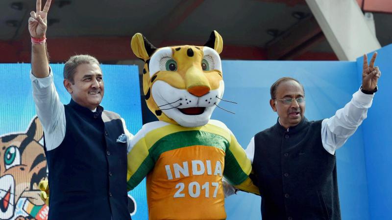 AIFF president Praful Patel and Sports Minister Vijay Goel with 'Kheleo'. (Photo: PTI) AIFF president Praful Patel and Sports Minister Vijay Goel with 'Kheleo'. (Photo: PTI)