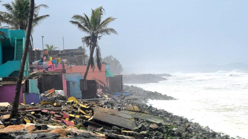 Houses in ruin at Valiyathura beach because of heavy sea erosion. (Photo: A.V.MUZAFAR) Houses in ruin at Valiyathura beach because of heavy sea erosion. (Photo: A.V.MUZAFAR)