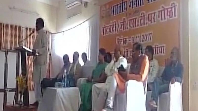 Om Prakash Dhurve, BJP minister from Madhya Pradesh, was addressing a gathering at an event on the first anniversary of demonetisation. (Photo: ANI) Om Prakash Dhurve, BJP minister from Madhya Pradesh, was addressing a gathering at an event on the first anniversary of demonetisation. (Photo: ANI)
