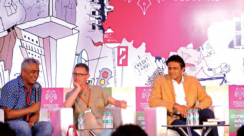 Journalists Rajdeep Sardesai (from L), Gideon Haigh, and former India cricket captain Anil Kumble at the Bengaluru Literature Festival on Saturday (Photo: DC) Journalists Rajdeep Sardesai (from L), Gideon Haigh, and former India cricket captain Anil Kumble at the Bengaluru Literature Festival on Saturday (Photo: DC)