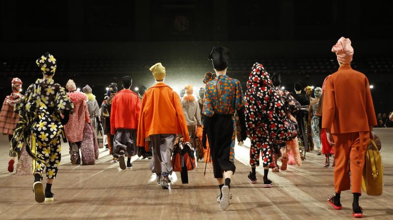 Models depart the runway en masse at the conclusion of the Marc Jacobs 2018 Spring/Summer fashion show during New York Fashion Week (All images: AP) Models depart the runway en masse at the conclusion of the Marc Jacobs 2018 Spring/Summer fashion show during New York Fashion Week (All images: AP)