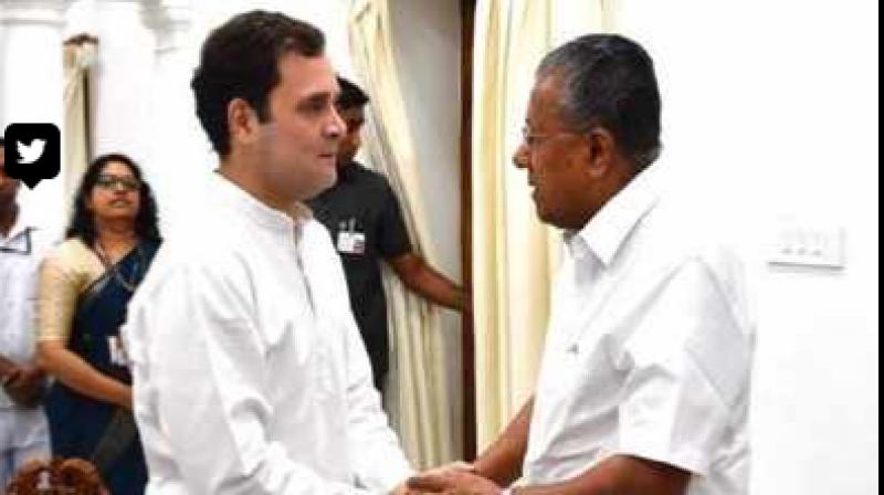 Gandhi, who is the Wayanad MP, met Vijayan at Kerala House and held discussions for about 20 minutes. (Photo: Twitter) Gandhi, who is the Wayanad MP, met Vijayan at Kerala House and held discussions for about 20 minutes. (Photo: Twitter)