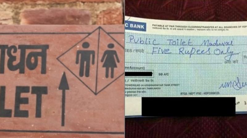 The cheque had 'Public Toilet Madurai' written on it (Photo: Facebook) The cheque had 'Public Toilet Madurai' written on it (Photo: Facebook)