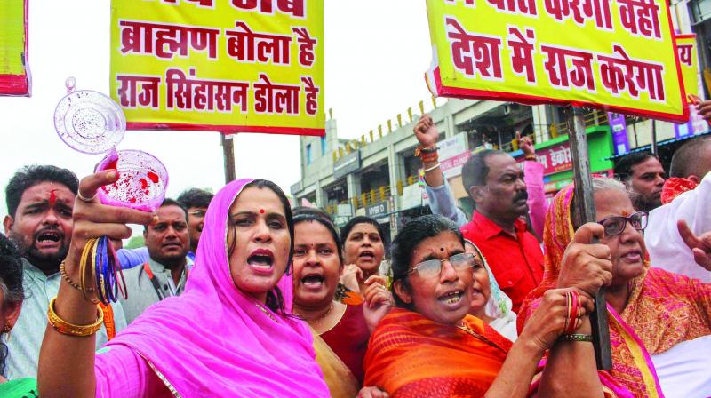 A file photo of upper caste protesters demanding reservation in government jobs and educational institutions during a protest in September 2018. A file photo of upper caste protesters demanding reservation in government jobs and educational institutions during a protest in September 2018.