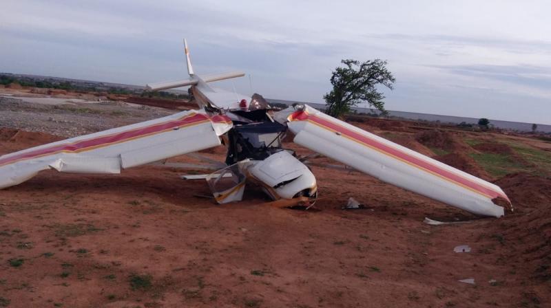 A two-seater plane that crash-landed near the Konda Pochampally project in Siddipet district. The two persons in the aircraft are said to be safe. A two-seater plane that crash-landed near the Konda Pochampally project in Siddipet district. The two persons in the aircraft are said to be safe.