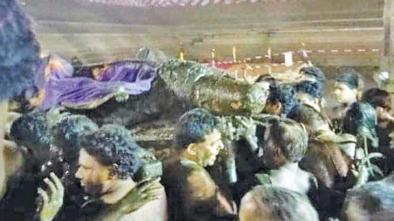 The idol of Athi Varadhar being taken to the Vasantha Mandapam. The idol of Athi Varadhar being taken to the Vasantha Mandapam.