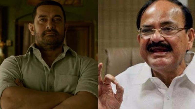 Aamir Khan in a still from the film 'Dangal' (L) and Information & Broadcasting Minister M Venkaiah Naidu (R). Aamir Khan in a still from the film 'Dangal' (L) and Information & Broadcasting Minister M Venkaiah Naidu (R).