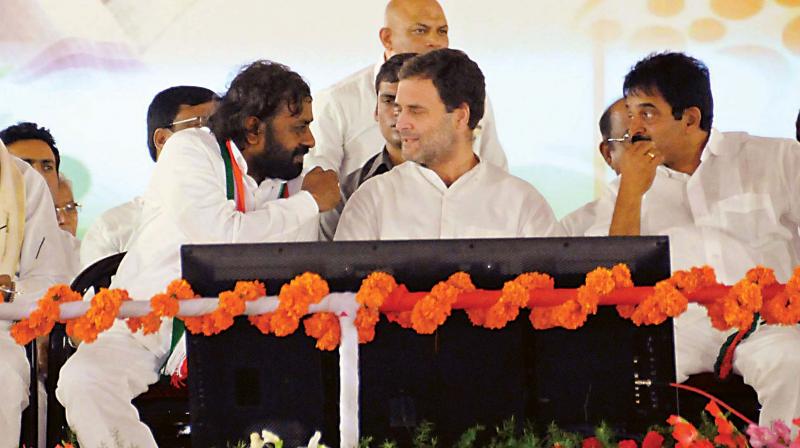 AICC president Rahul Gandhi with KPCC working president Eshwar Khandre, AICC General Secretary K.C. Venugopal and former CM Siddaramaiah at the party rally in Bidar on Monday AICC president Rahul Gandhi with KPCC working president Eshwar Khandre, AICC General Secretary K.C. Venugopal and former CM Siddaramaiah at the party rally in Bidar on Monday