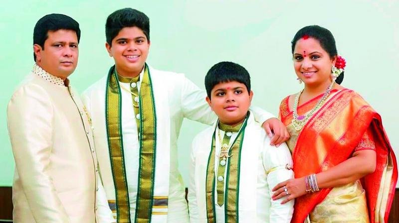 Kavitha Kalvakuntala with her husband Anil Kumar and sons Aaditya and Aarya. Kavitha Kalvakuntala with her husband Anil Kumar and sons Aaditya and Aarya.