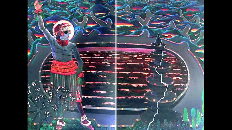 Om Soorya’s artwork on display at Kalakriti Art Gallery. Om Soorya’s artwork on display at Kalakriti Art Gallery.