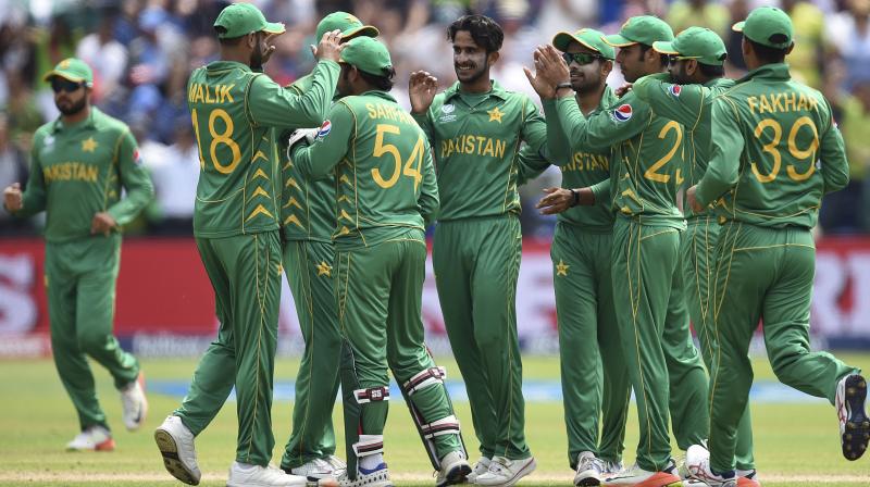 Pakistan's Hasan Ali , centre, celebrates the wicket of England's Eoin Morgan with his teammates during the ICC Champions Trophy, semifinal cricket match between England and Pakistan in Cardiff. (Photo: AP) Pakistan's Hasan Ali , centre, celebrates the wicket of England's Eoin Morgan with his teammates during the ICC Champions Trophy, semifinal cricket match between England and Pakistan in Cardiff. (Photo: AP)