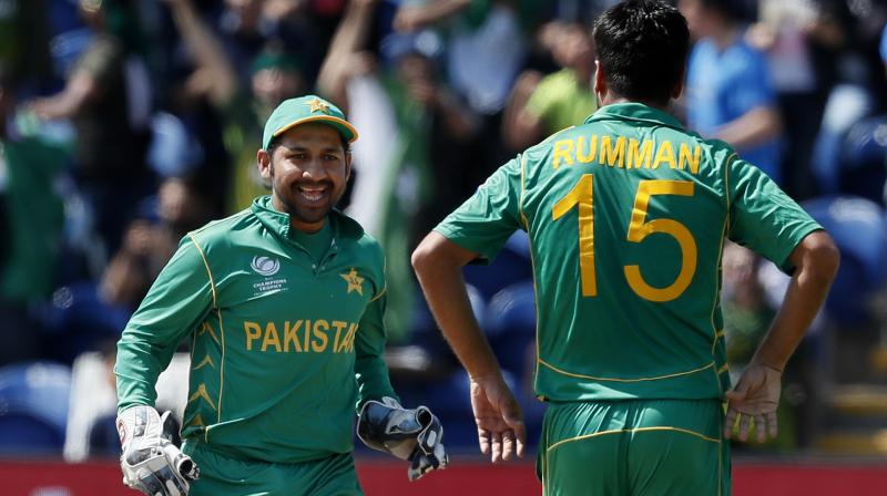 Pakistan's captain Sarfraz Ahmed, left, and Pakistan's Rumman Raees celebrate taking the wicket of England's Alex Hales during the ICC Champions Trophy semifinal. (Photo:AP) Pakistan's captain Sarfraz Ahmed, left, and Pakistan's Rumman Raees celebrate taking the wicket of England's Alex Hales during the ICC Champions Trophy semifinal. (Photo:AP)