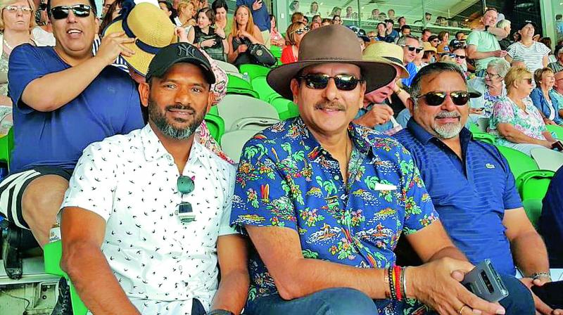 R. Sridhar with head coach Ravi Shastri and bowling coach Bharath Arun. R. Sridhar with head coach Ravi Shastri and bowling coach Bharath Arun.