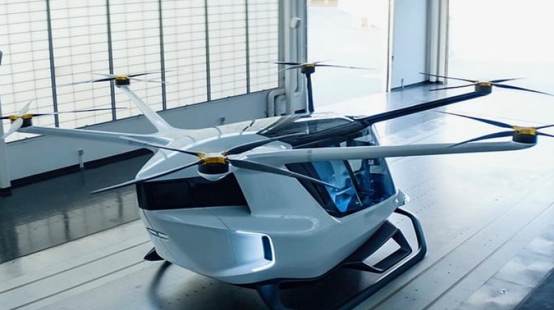 A mockup of the futuristic aircraft, dubbed “Skai” by its inventors, was put on exhibit for investors. A mockup of the futuristic aircraft, dubbed “Skai” by its inventors, was put on exhibit for investors.