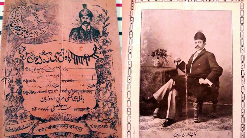 The title page of a land revenue record from the Nizam era (L); Sultan–ul-Mulk, Amir of Paigah (R), from the archives of Mr M.A. Faiz Khan. The title page of a land revenue record from the Nizam era (L); Sultan–ul-Mulk, Amir of Paigah (R), from the archives of Mr M.A. Faiz Khan.