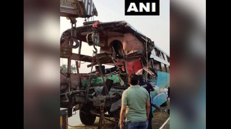 A privately operated bus rammed into a stationary truck on the Yamuna Expressway in Greater Noida. (Photo: ANI) A privately operated bus rammed into a stationary truck on the Yamuna Expressway in Greater Noida. (Photo: ANI)