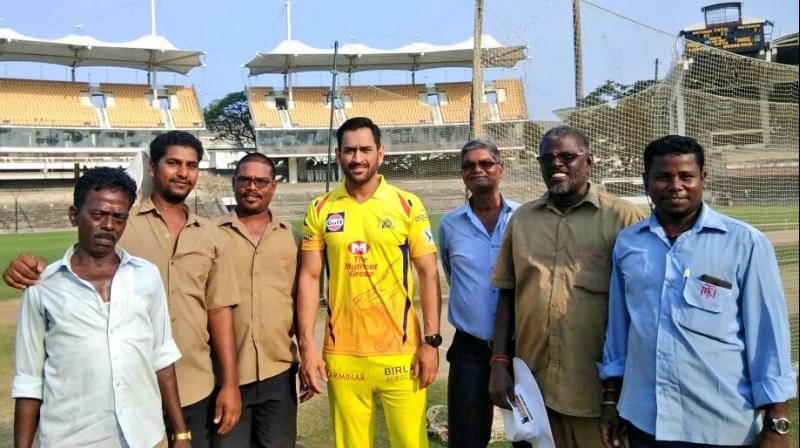 MS Dhoni spent some time with the stadium ground staff on International Workers' Day. (Photo: Twitter / CSK) MS Dhoni spent some time with the stadium ground staff on International Workers' Day. (Photo: Twitter / CSK)