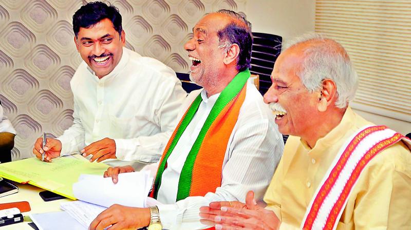 TS BJP president K. Laxman chairs a meeting of the party’s election committee at the party office at Nampally in Hyderabad on Friday. (Photo:P. Surendra) TS BJP president K. Laxman chairs a meeting of the party’s election committee at the party office at Nampally in Hyderabad on Friday. (Photo:P. Surendra)