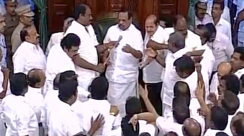 Ruckus in Tamil Nadu Assembly during floor test. (Photo: ANI Twitter) Ruckus in Tamil Nadu Assembly during floor test. (Photo: ANI Twitter)
