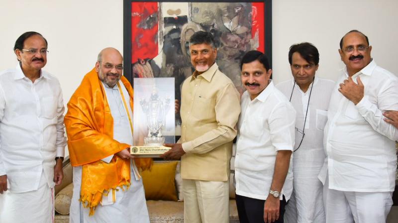 Chandrababu Naidu meets BJP President Amit Shah and other party leaders at Naidu's residence. (Photo: Twitter) Chandrababu Naidu meets BJP President Amit Shah and other party leaders at Naidu's residence. (Photo: Twitter)