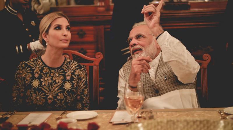 Ivanka Trump visited India to attend the Global Entrepreneurship Summit (GES), and had dinner with the international delegates on the 101 dining table, one of the world's largest dining tables, at the Taj Falaknuma Palace. (Photo: Twitter | @USAmbIndia) Ivanka Trump visited India to attend the Global Entrepreneurship Summit (GES), and had dinner with the international delegates on the 101 dining table, one of the world's largest dining tables, at the Taj Falaknuma Palace. (Photo: Twitter | @USAmbIndia)