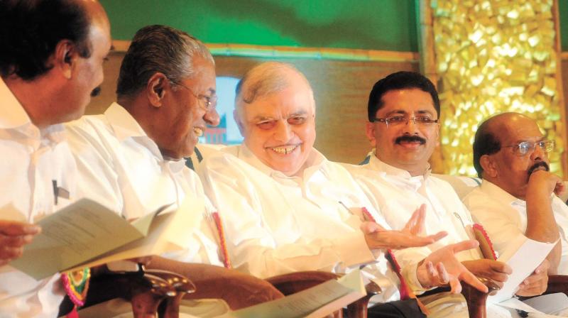 From left: Revenue minister E. Chandrashekharan, Chief Minister Pinarayi Vijayan, Governor P. Sathasivam, LSGD minister K.T. Jaleel and PWD minister G. Sudhakaran at the state-level inauguration and seminar of Nava Kerala Mission in Thiruvananthapuram on Thursday. (Photo: A.V. MUZAFAR) From left: Revenue minister E. Chandrashekharan, Chief Minister Pinarayi Vijayan, Governor P. Sathasivam, LSGD minister K.T. Jaleel and PWD minister G. Sudhakaran at the state-level inauguration and seminar of Nava Kerala Mission in Thiruvananthapuram on Thursday. (Photo: A.V. MUZAFAR)