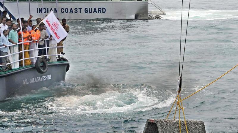 Fisheries Minister J Mercykuttiamma inaugurates the artificial reef project by depositing one off Vizhinjam coast on Friday. (Photo: DC) Fisheries Minister J Mercykuttiamma inaugurates the artificial reef project by depositing one off Vizhinjam coast on Friday. (Photo: DC)