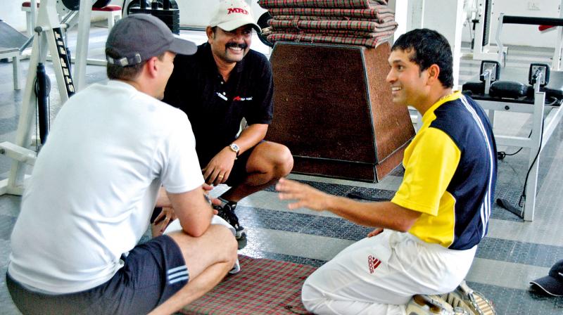 Sachin Tendulkar with Ramji Srinivasan during his rehab in 2006 in Chennai. DC File Photo