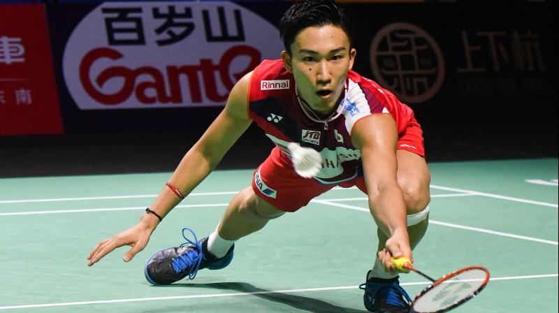 Kento Momota of Japan hitting a retrieving a drop against Viktor Axelsen of Denmark at the Fuzhou China Open. AFP Photo Kento Momota of Japan hitting a retrieving a drop against Viktor Axelsen of Denmark at the Fuzhou China Open. AFP Photo