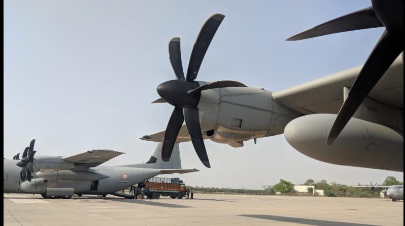Relief materials are being uploaded in C130J Super Hercules aircrafts. (Photo: Rajib Chowdhuri) Relief materials are being uploaded in C130J Super Hercules aircrafts. (Photo: Rajib Chowdhuri)